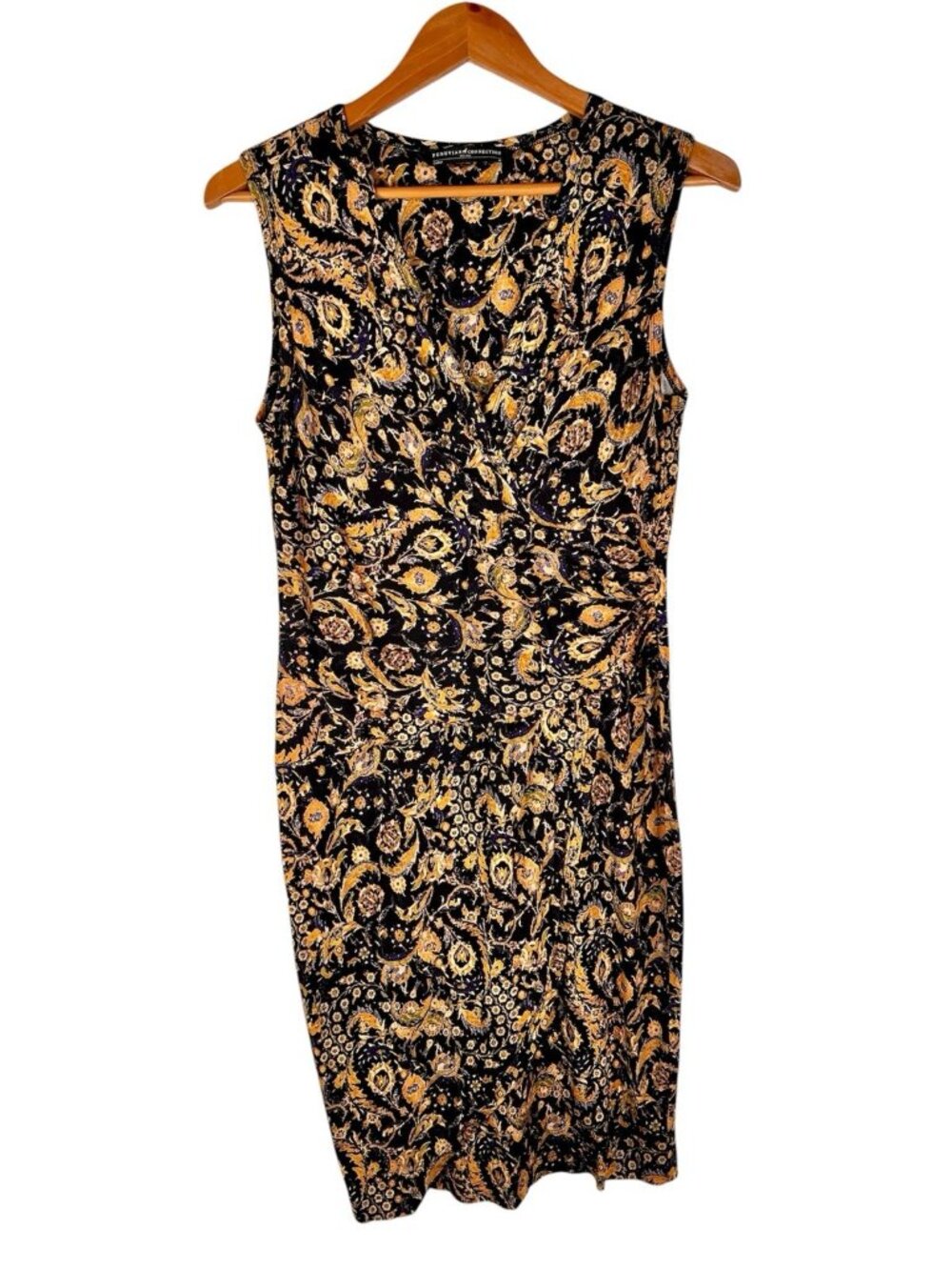 PERUVIAN CONNECTION Women's Black Paisley Sleeveless Faux Wrap Stretch Dress Med